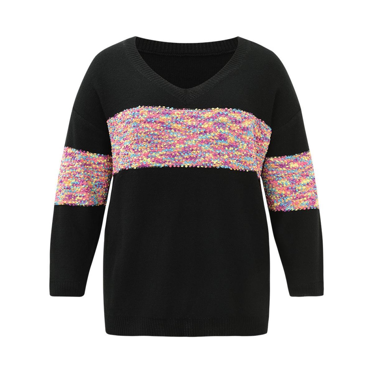 Plus Size Colour Heather Contrast V Neck Pullover Black Women Casual Loose Long Sleeve V-neck Dailywear Pullovers BloomChic 14-16/1X Product Image