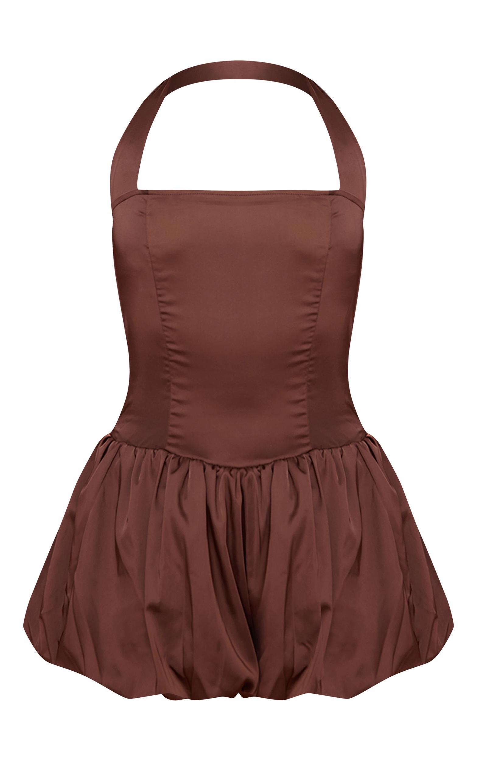 Chocolate Satin Halter Neck Puffball Romper Product Image