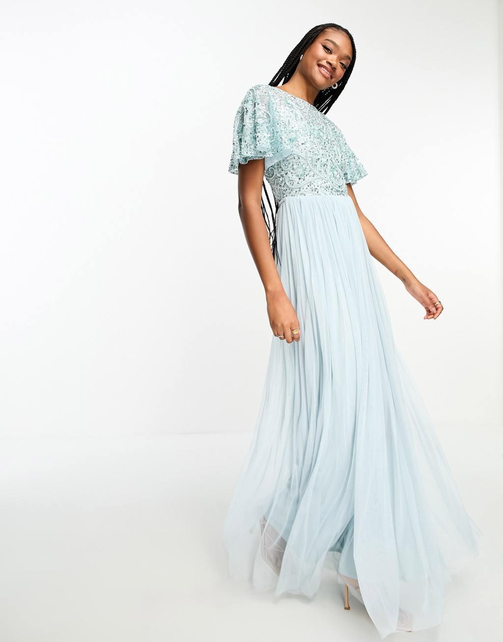 Beauut Tall Bridesmaid embellished maxi dress with open back detail in ice blue  Product Image