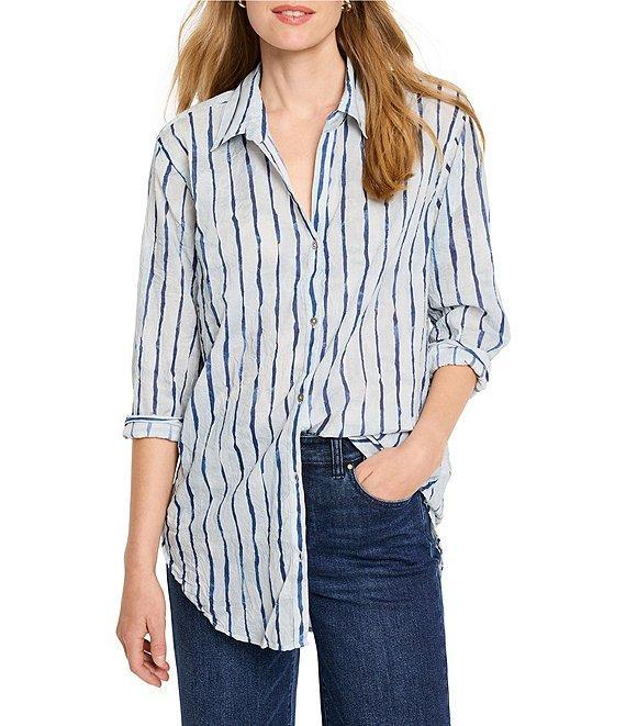 NIC + ZOE Woven Crinkle Watercolor Stripe Button Down Collar Shirt Product Image