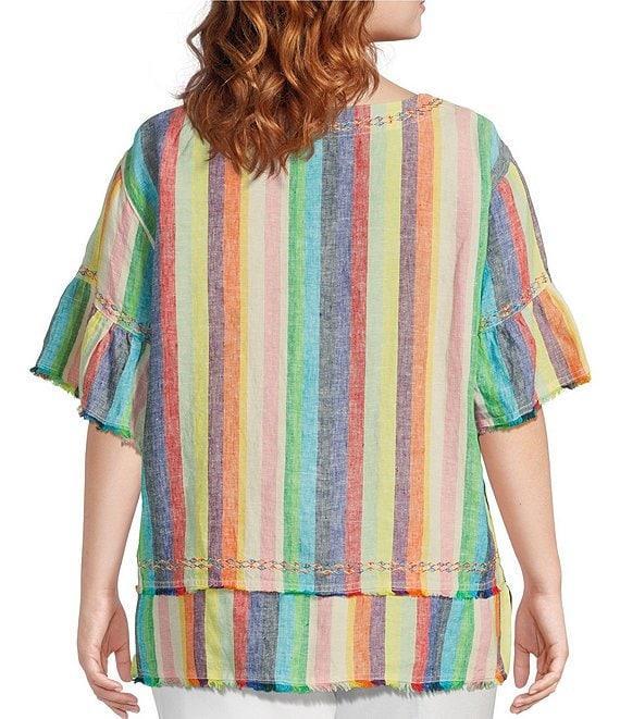 John Mark Plus Size Embroidered Yarn-Dye Stripe Crew Neck Short Ruffle Hi-Low Hem Top Product Image