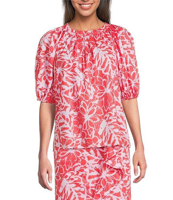 tyler boe Renee Round Neck Floral Short Puff Sleeve Coordinating Top Product Image