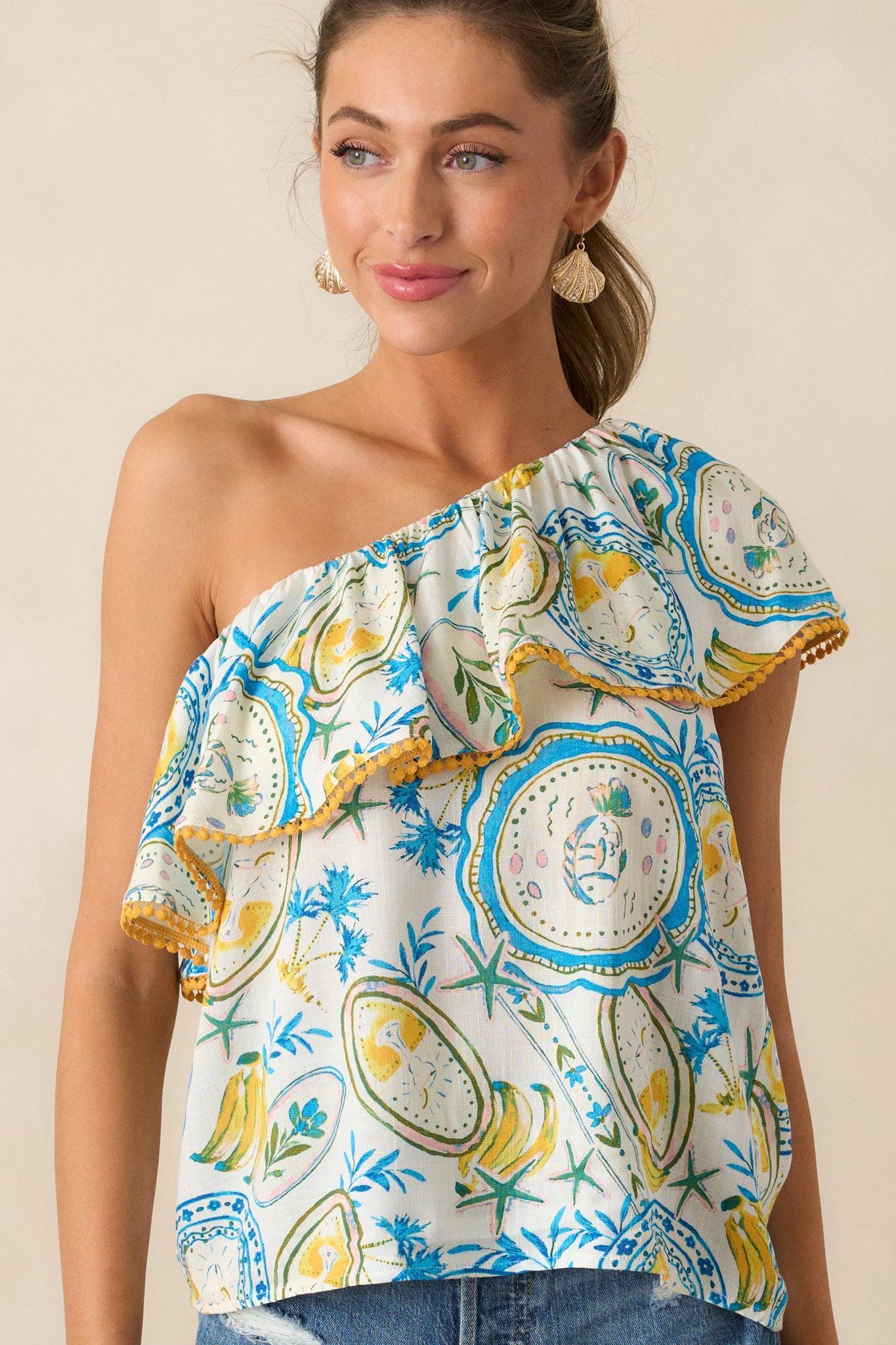 I Told You Ivory Tropical Print One Shoulder Top Product Image