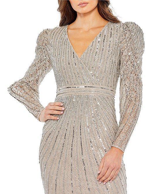 Mac Duggal Beaded Lace Surplice V-Neck Long Sleeve Embellished Midi Sheath Dress Product Image