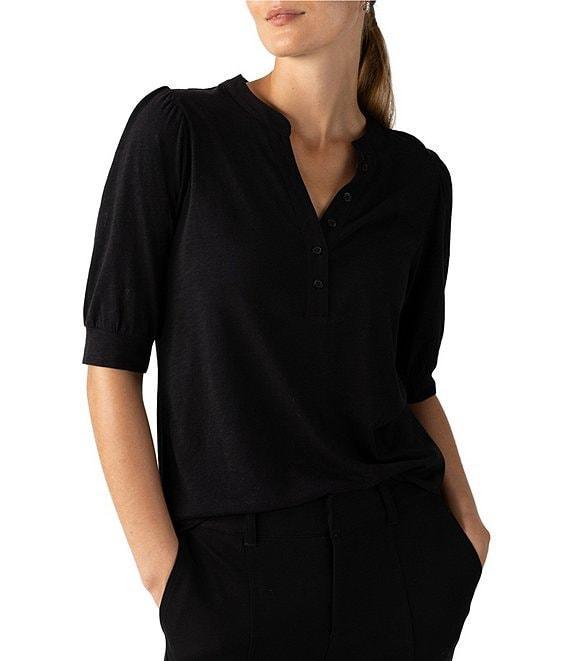 Sanctuary Mixed Media V-Neck Short Sleeve Front Button Tee Product Image