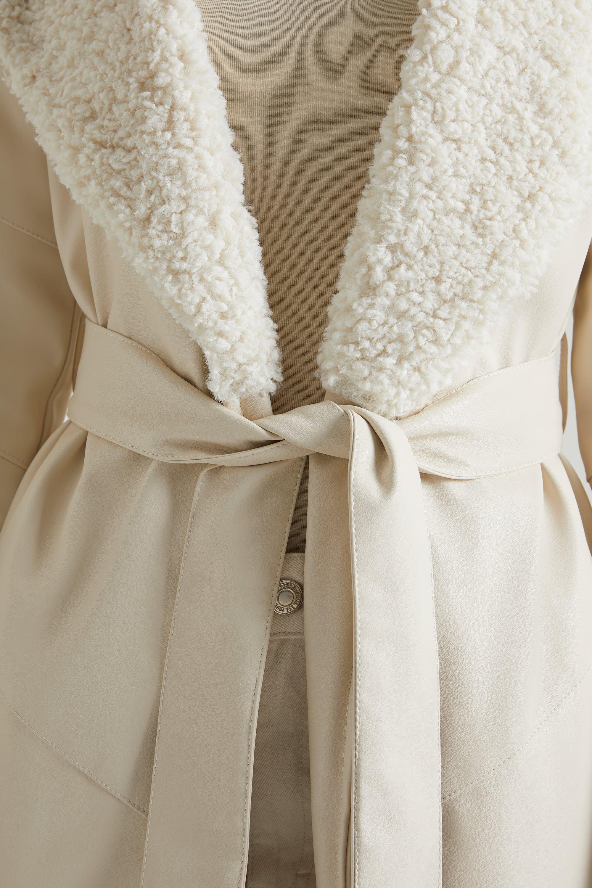 Tie Up Coat with Shearling Collar and Cuffs in Cream Product Image