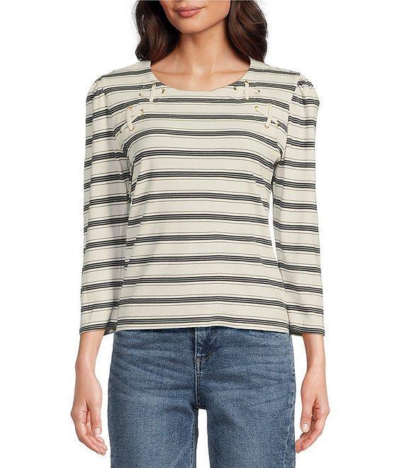 Democracy Knit Stripe Scoop Neck 3/4 Sleeve Top Product Image