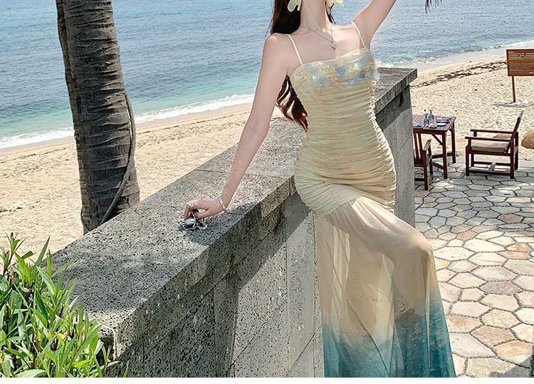 Spaghetti Strap Sea Print Floral Shirred Midi Mermaid Dress Product Image