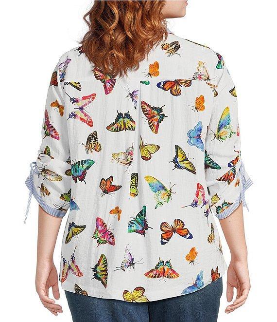 John Mark Plus Size Woven Butterfly Print Wire Collar 3/4 Cinch Tie Sleeve Button Front Blouse Product Image