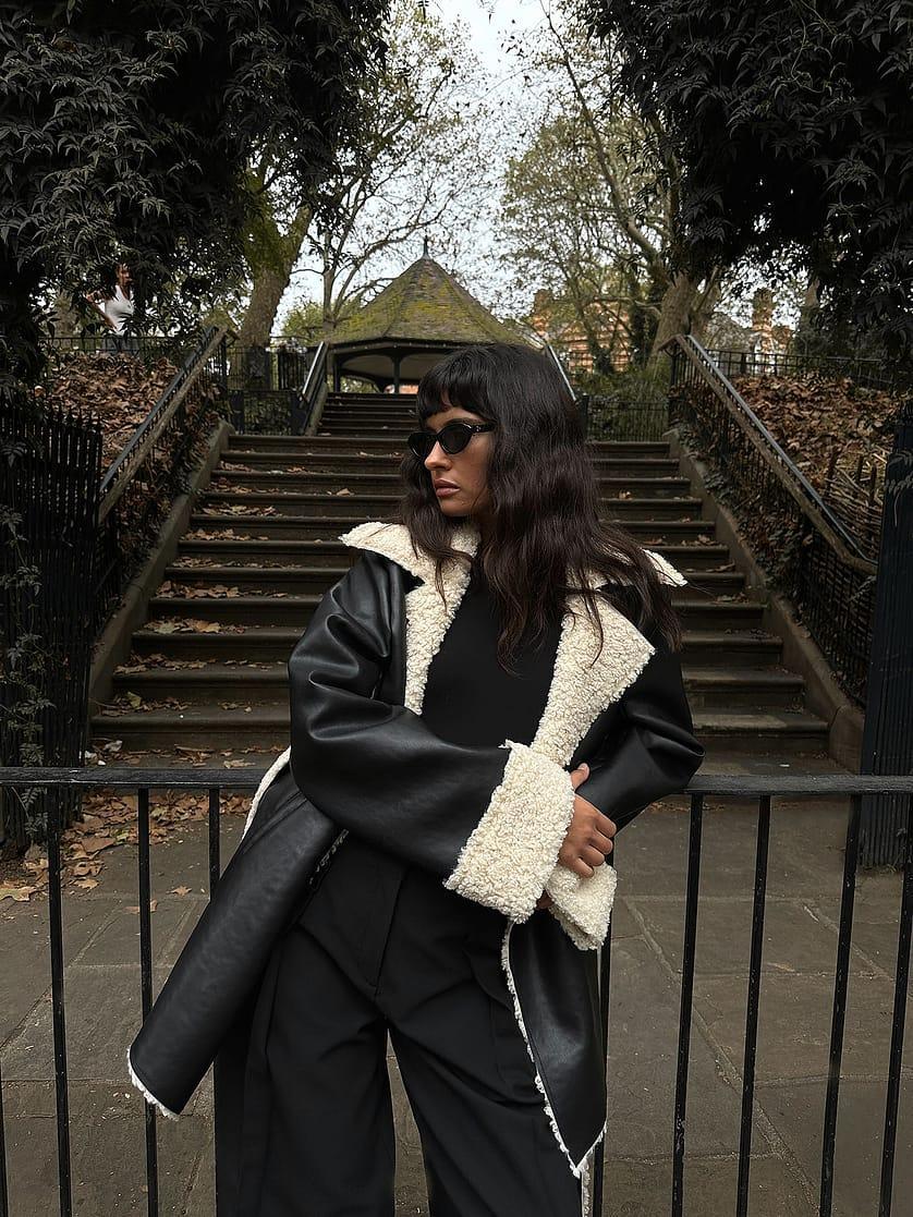 Short Teddy Detail Pu Coat Product Image