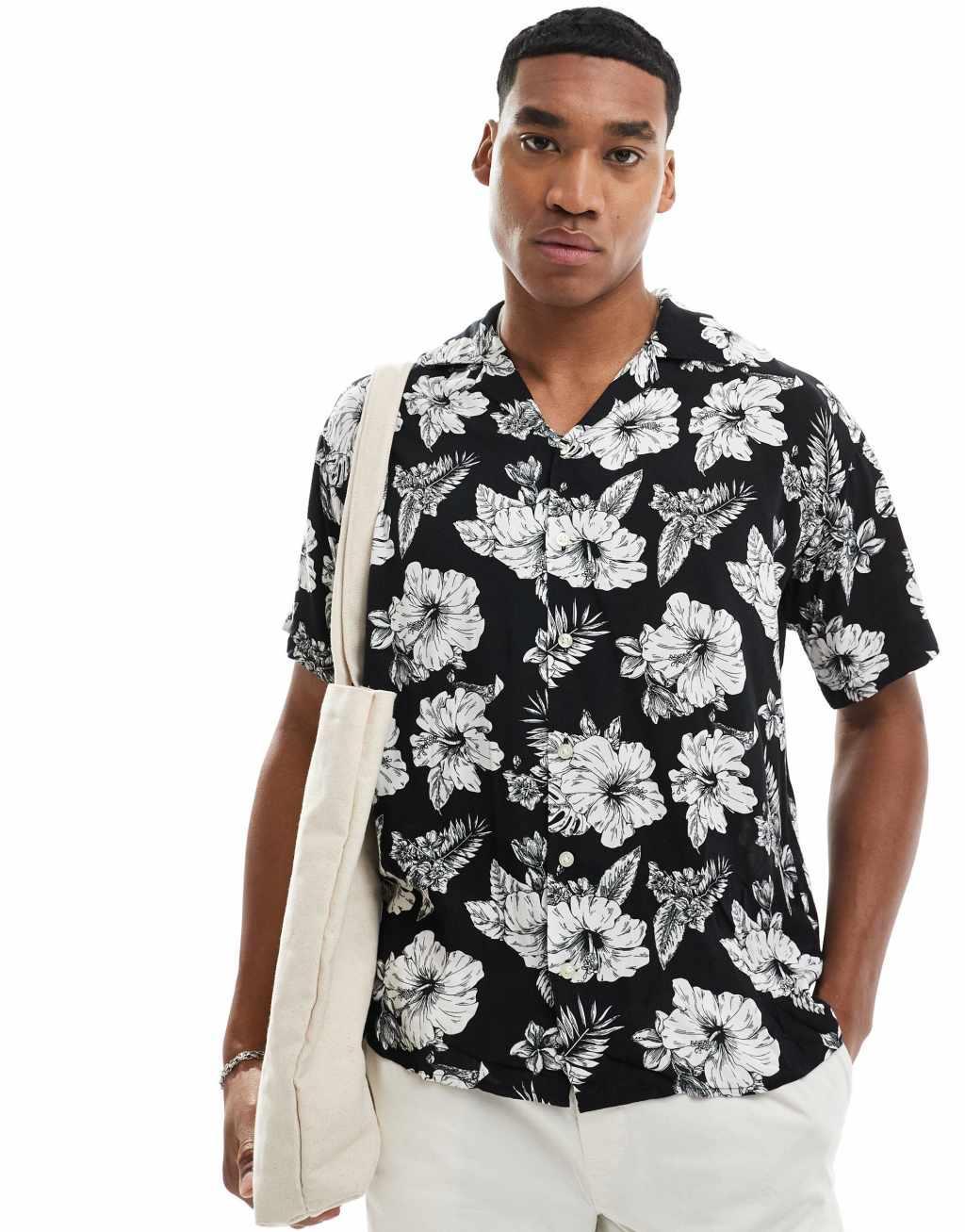 Jack & Jones floral shirt with revere collar in black and white Product Image