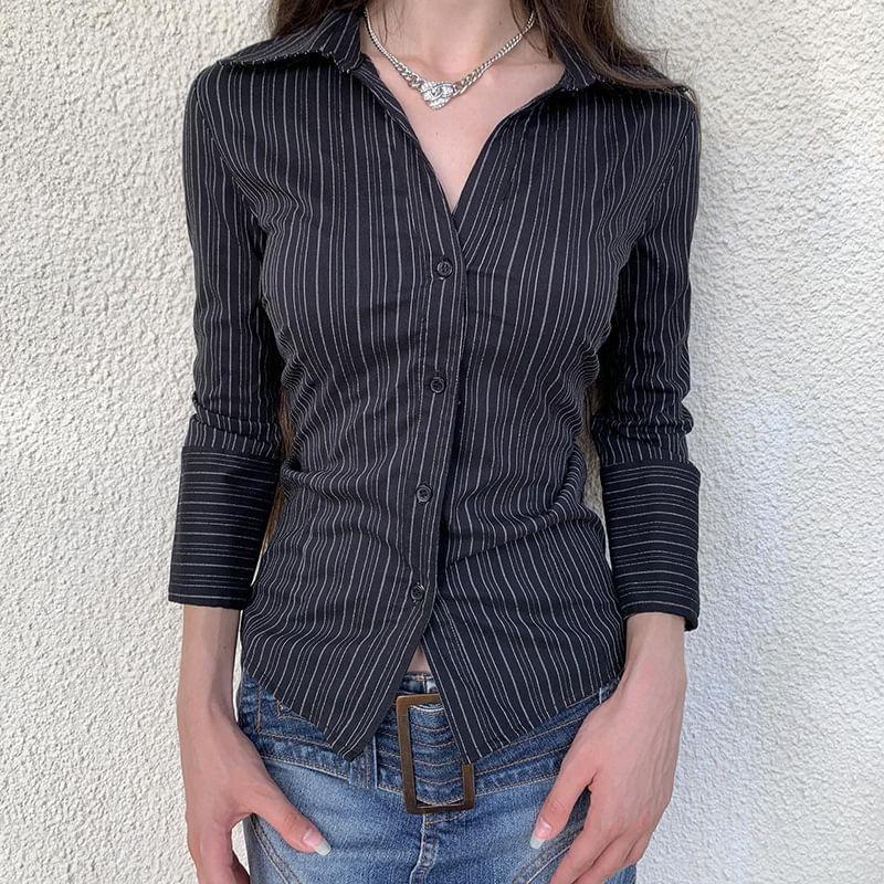 Long-Sleeve Collared Striped Button-Up Slim Fit Blouse Product Image