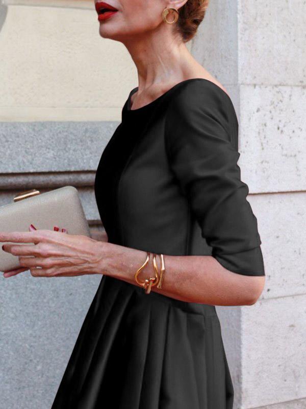 A-Line Loose Pleated Pockets Solid Color Split-Joint Round-Neck Midi Dresses Product Image