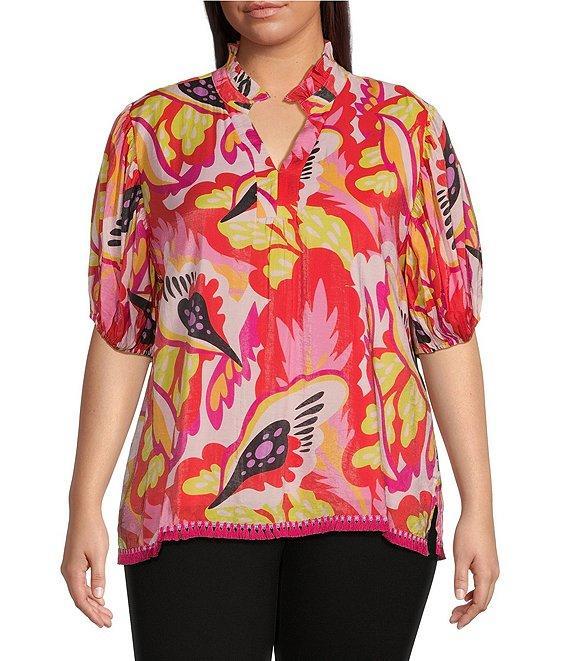 Calessa Plus Size Woven Modern Abstract Print Ruffled Split V-Neck Elbow Sleeve Tunic Product Image
