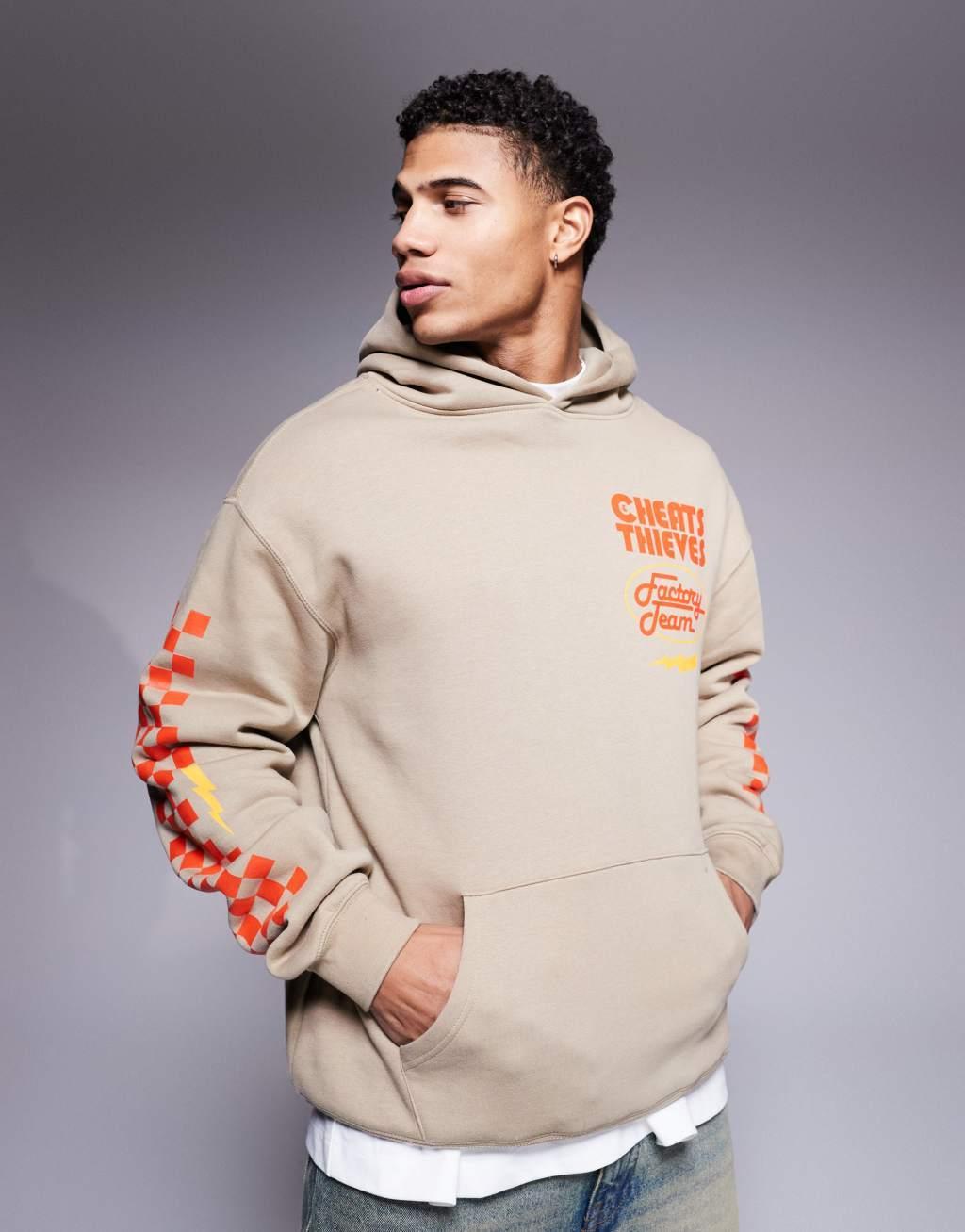 Cheats & Thieves racing back print hoodie in dark beige Product Image