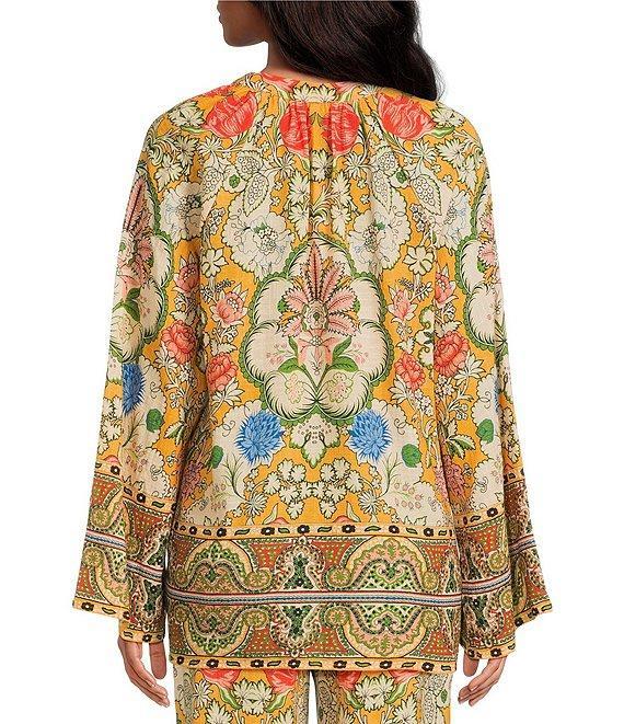 A Loves A Woven Floral Print Split Round Neck Long Bell Sleeve Coordinating Blouse Product Image