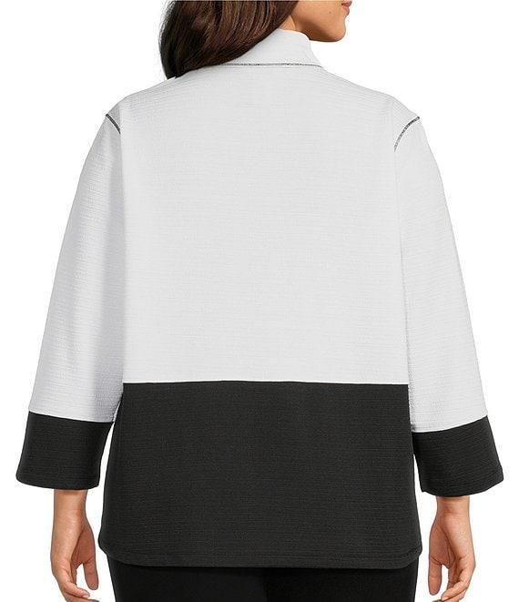 Multiples Plus Size Solid Stripe Jacquard Stand Collar 3/4 Sleeve Fitted Button Front Jacket Product Image