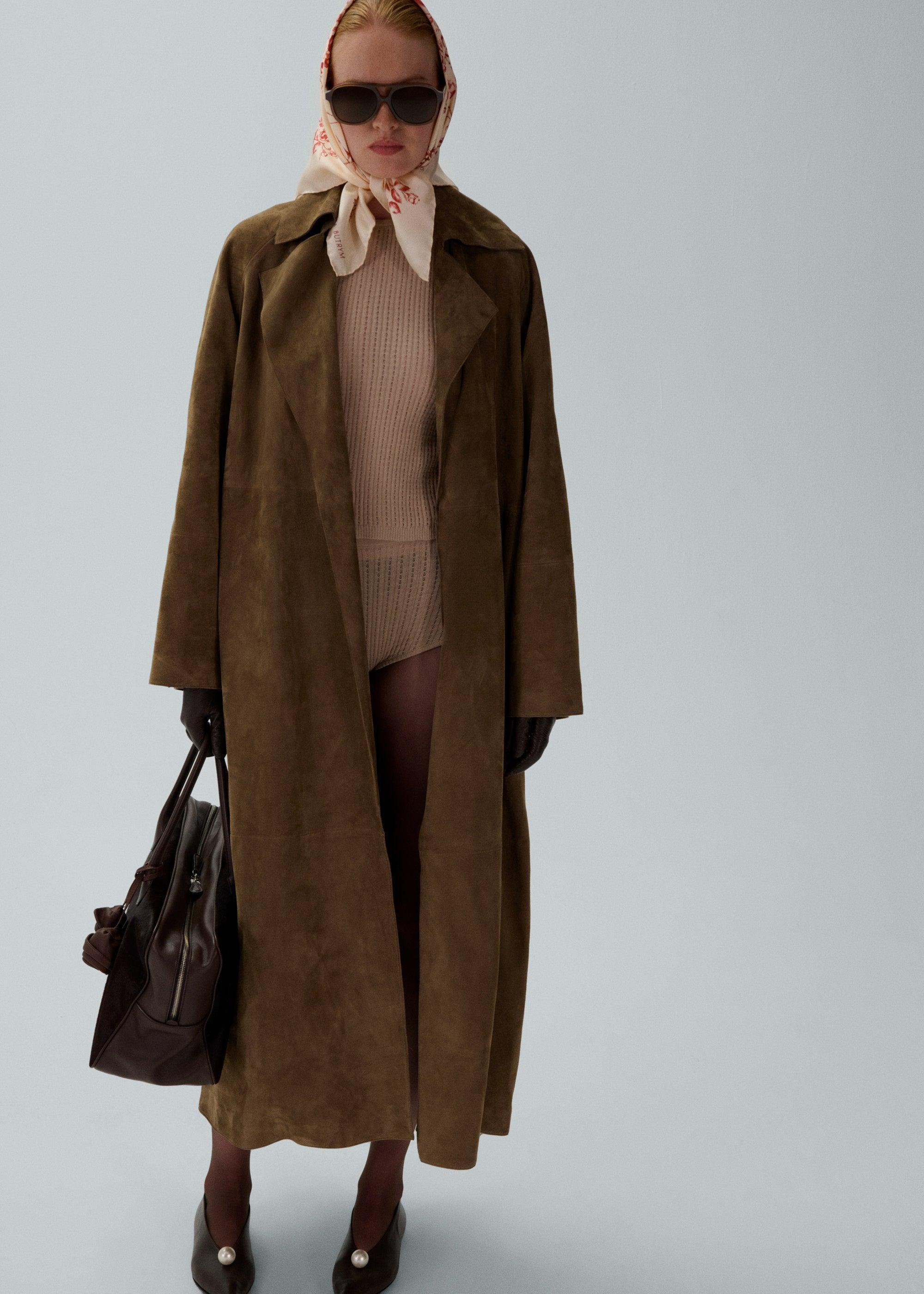 Belted leather wrap coat in beige suede Product Image