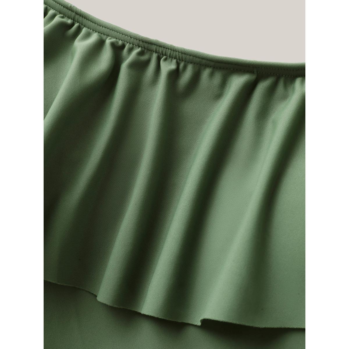 Plus Size Ruffled Non-Removable Cups Swim Dress Women's Swimwear ArmyGreen Resort Bodycon One-shoulder neck High stretch Curve Swim Dresses BloomChic 30/6X Product Image