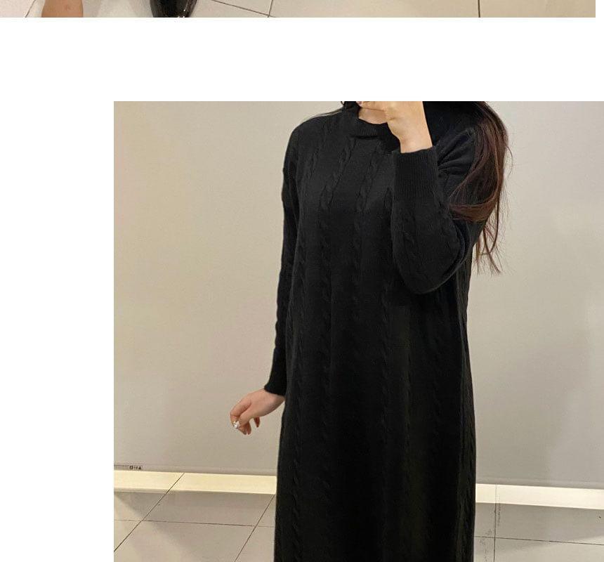 Long Sleeve Mock Neck Plain Cable Knit Midi Sweater Dress Product Image