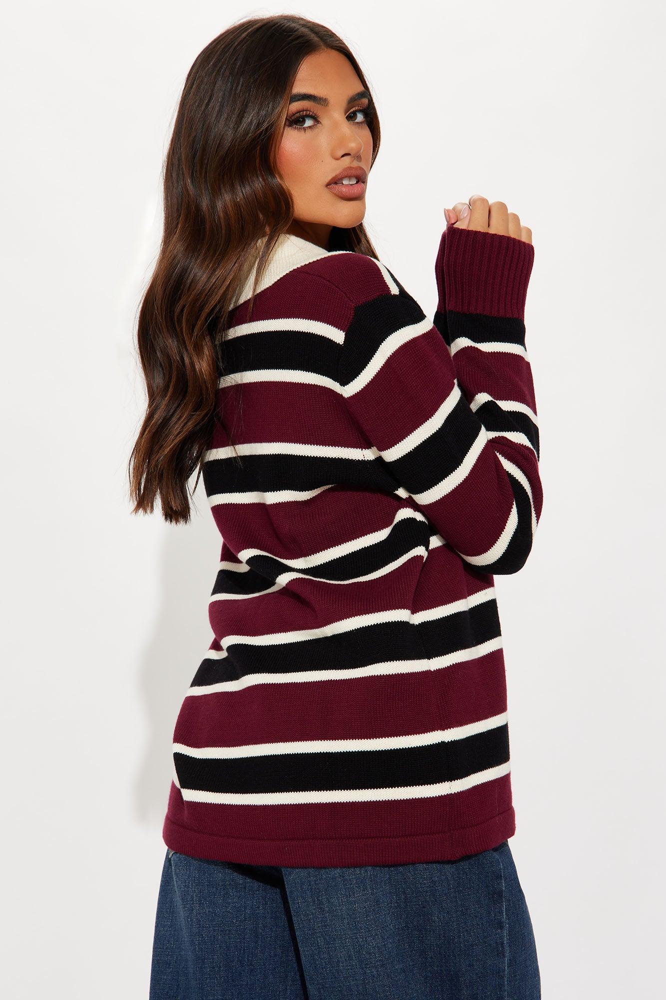 Playin' Cool Striped Polo Sweater - Wine/combo Product Image