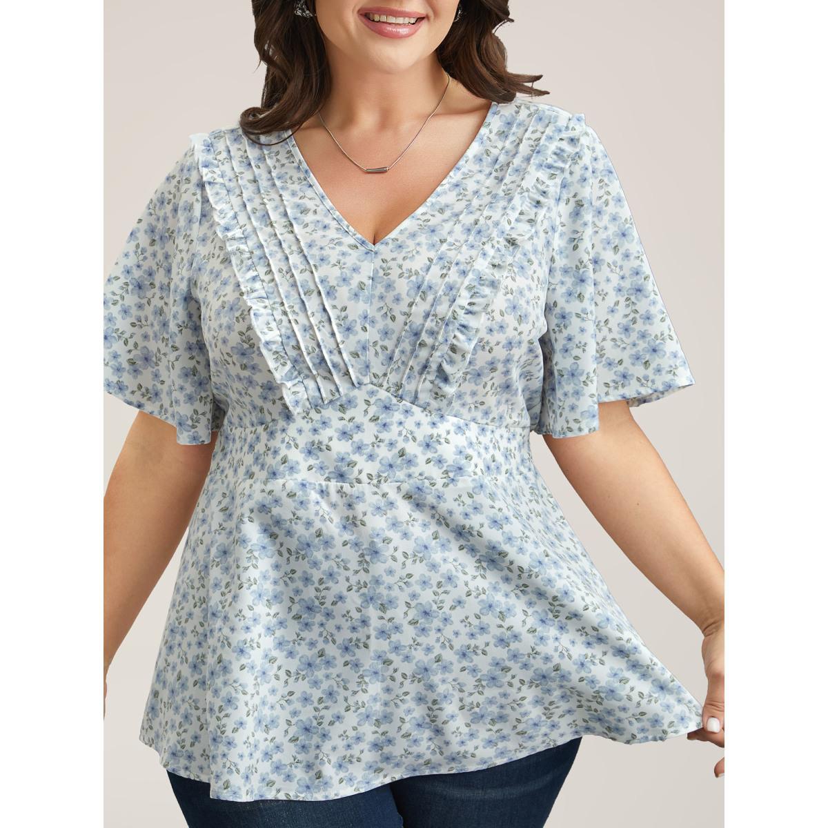 Plus Size LightBlue Floral Ruffled Pintucks Flared Sleeve Shirt Women Elegant Short sleeve V-neck Everyday Blouses BloomChic 18-20/2X Product Image