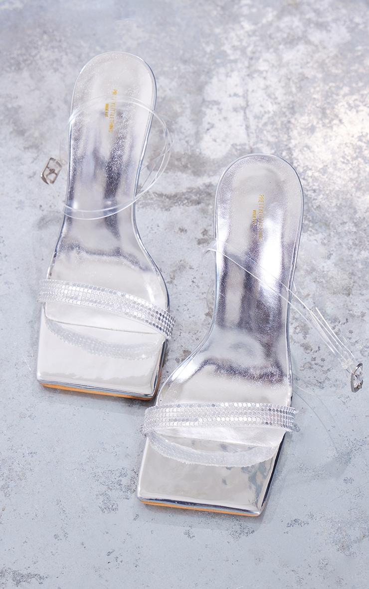 Silver Wide Fit Pu Square Toe Sequin Strap High Heeled Sandals Product Image