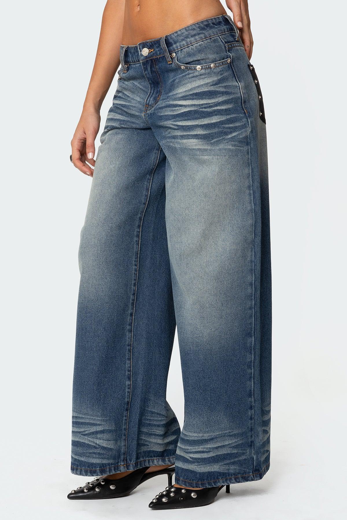 Faux Leather Pocket Low Rise Jeans Product Image