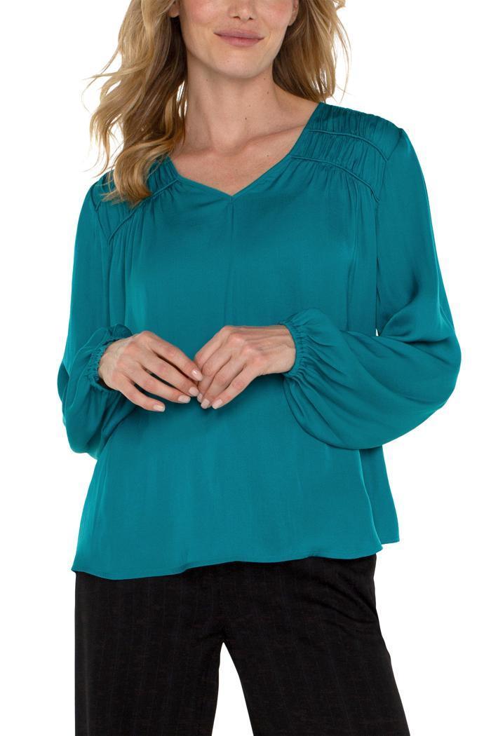 Long Sleeve V Neck Woven Blouse With Shirring Product Image