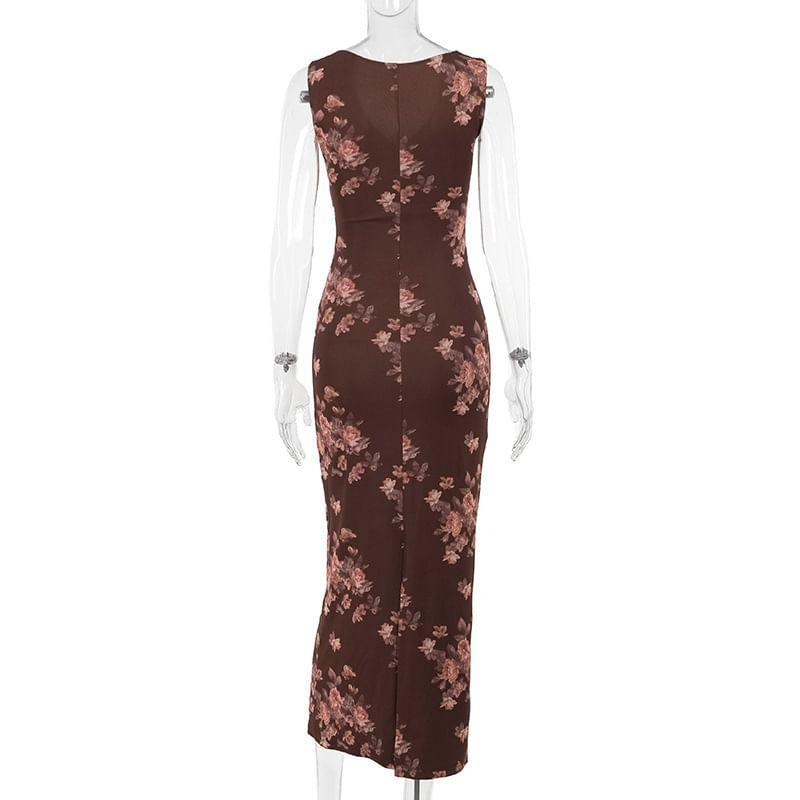 Sleeveless V-Neck Floral Print Maxi A-Line Dress Product Image