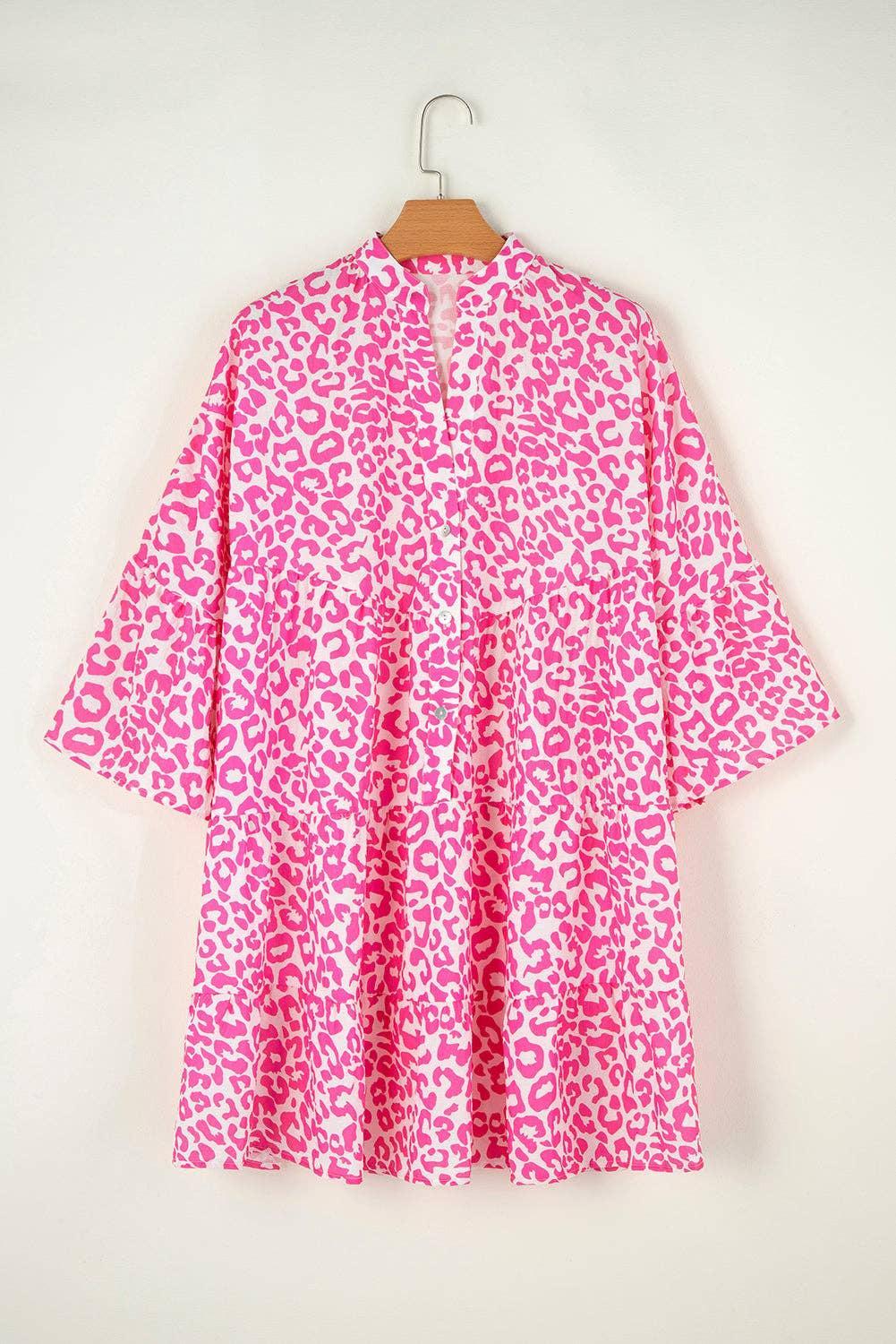 Leopard Long Sleeve Mini Dress: Bright Pink Product Image