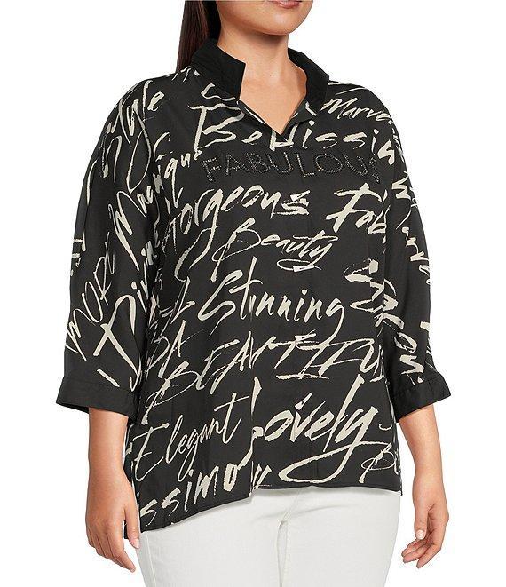 Ali Miles Plus Size Woven Printed Wire Collar 3/4 Roll-Tab Sleeve Button Front Tunic Product Image