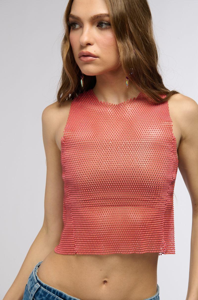 ZELDA RHINESTONE MESH SLEEVELESS TOP IN RED Product Image