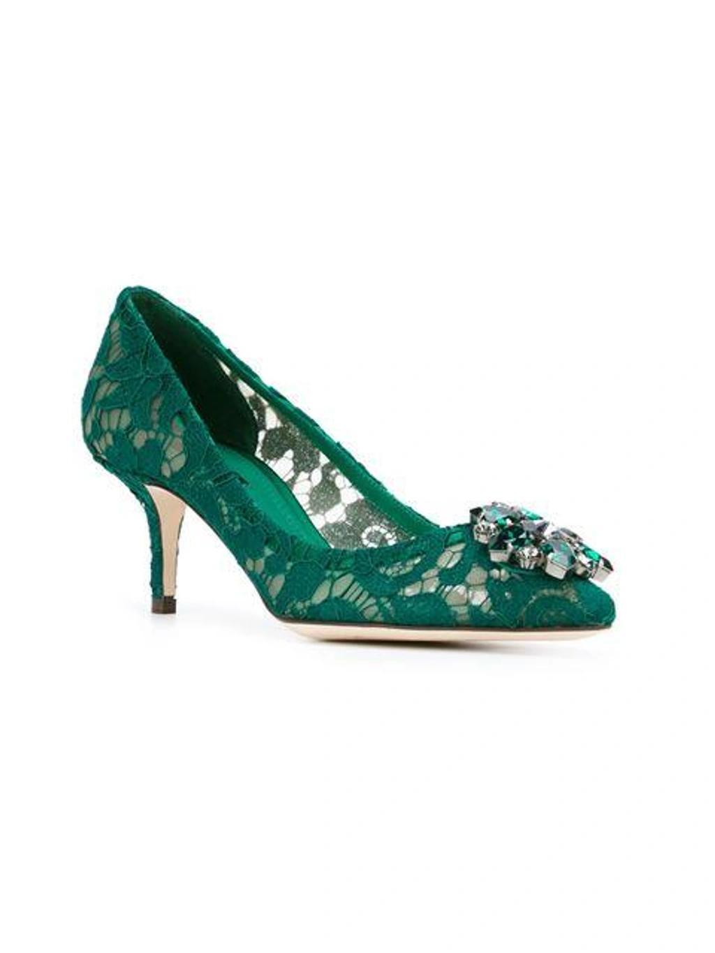 DOLCE & GABBANA Crystal-embellished Corded Lace Pumps In Green Product Image