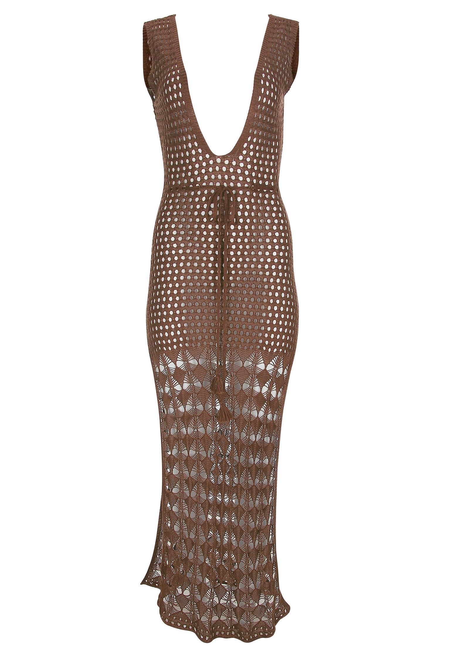 Crochet Maxi Cover-Up Dress - Acorn Brown Product Image