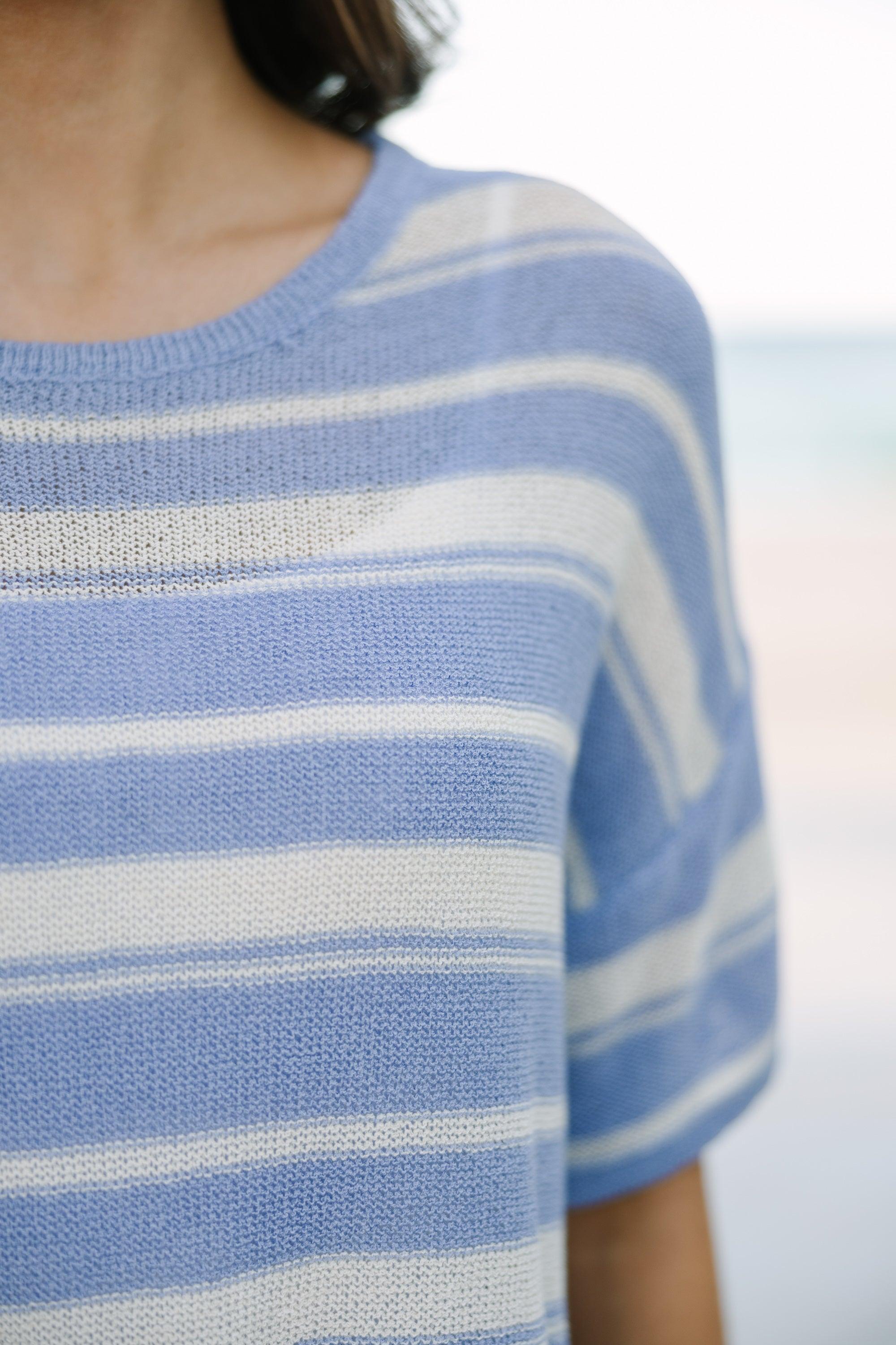 Easy Living Blue Striped Short Sleeve Sweater Female Product Image