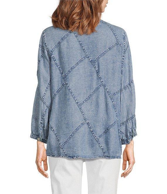 John Mark Floral Butterfly Embroidered Patch Print Y-Neck 3/4 Sleeves High-Low Hem Button Front Tunic Product Image