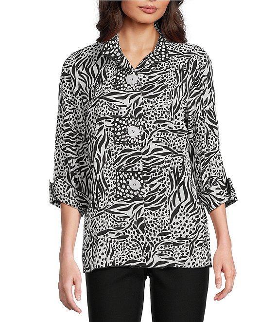 Ali Miles Woven Zebra Leopard Print Wire Collar 3/4 Sleeve Button Front Tunic Product Image