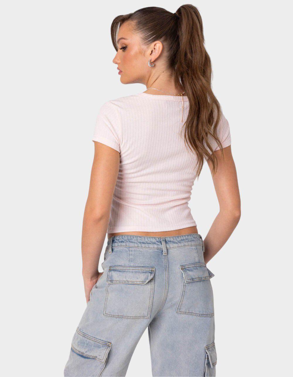 EDIKTED Pointelle Henley Tee - LIGHT PINK Product Image