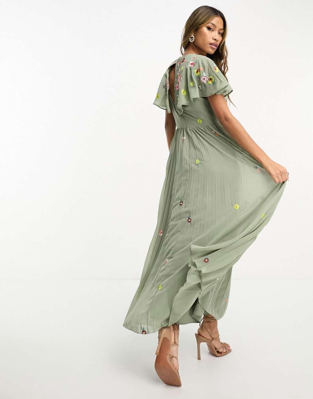 ASOS DESIGN v-neck angel sleeve pleat midi dress with all over embroidery Product Image