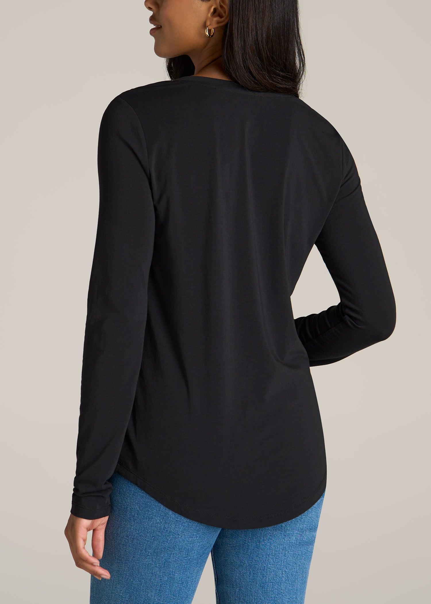 Long Sleeve Scoop V-Neck Tee Shirt for Tall Women in Black Product Image