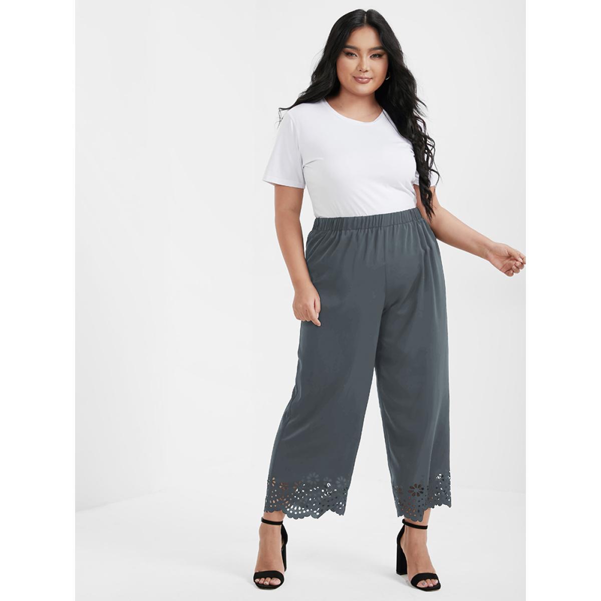 Plus Size Broderie Anglaise Elastic Waist Loose Pants Women SlateGray Elegant Loose High Rise Dailywear Pants BloomChic 10/M Product Image