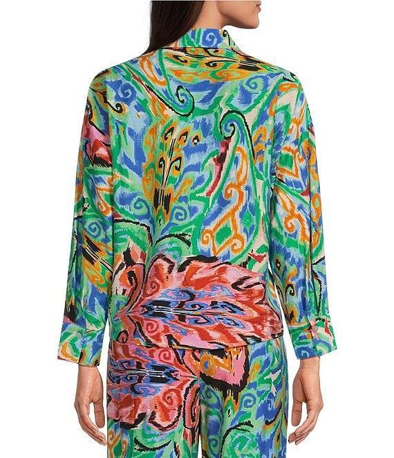Calessa Coordinating Abstract Mosaic Print Point Collar Long Sleeve Tie-Front Blouse Product Image