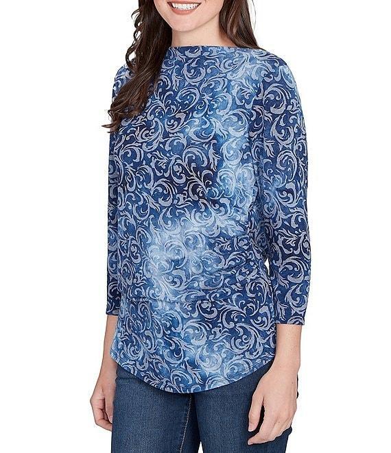 Ruby Rd. Textured Knit Tie-Dye Scroll Floral Boat Neck 3/4 Sleeve Top Product Image