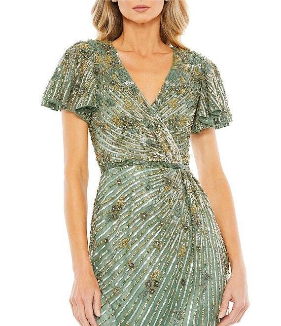 Mac Duggal Sequin Faux Wrap Bodice Short Flutter Sleeve Midi Sheath Dress Product Image