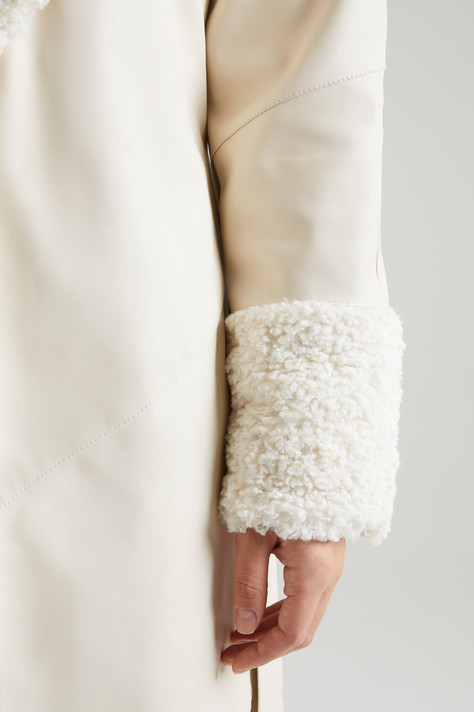 Tie Up Coat with Shearling Collar and Cuffs in Cream Product Image