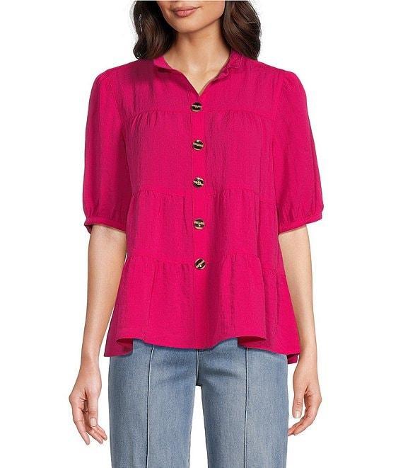 John Mark Wire Collar Short Sleeve Tiered Button-Front Top Product Image