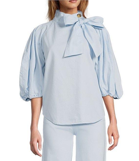A Loves A Tinted Denim Mock Bow Tie Neck 3/4#double; Puffed Balloon Sleeve Pleated Button Shoulder Tulip Hem Top Product Image