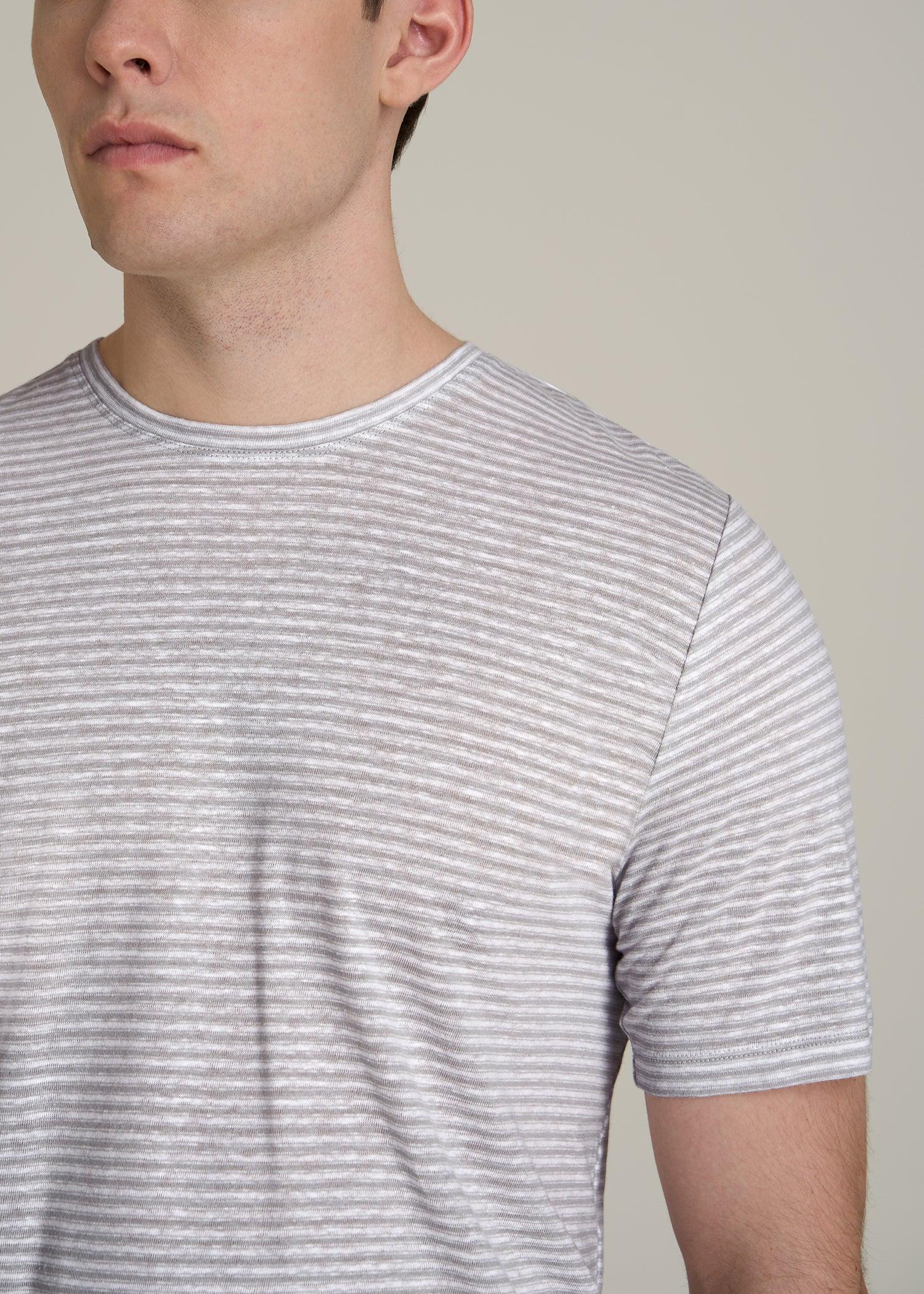 Linen Crewneck T-Shirt for Tall Men in Grey and White Mini Stripe Male Product Image