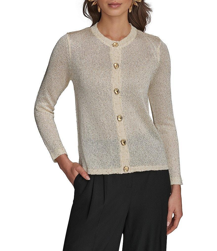 Donna Karan Sequin Knit Gold-Button Front Cardigan Product Image